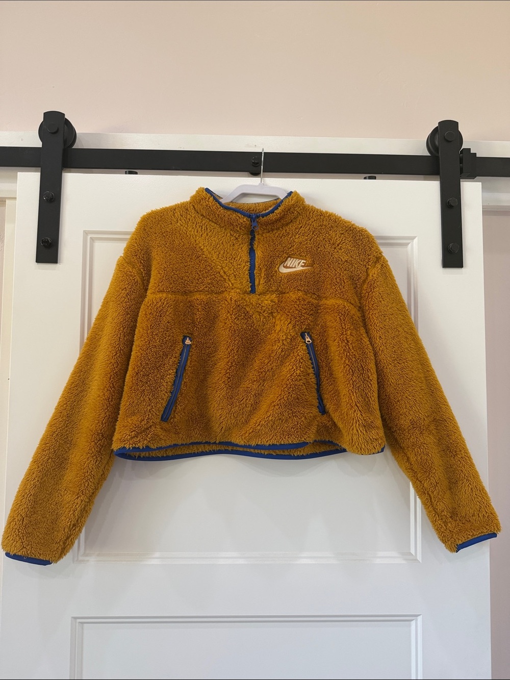 Cropped Nike Mustard Sherpa Half-Zip Jacket with Blue Trim